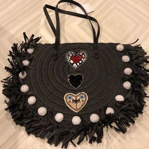 Btb Black Fringe Half Round Straw Tote Bag with Pom Poms and Heart Patches